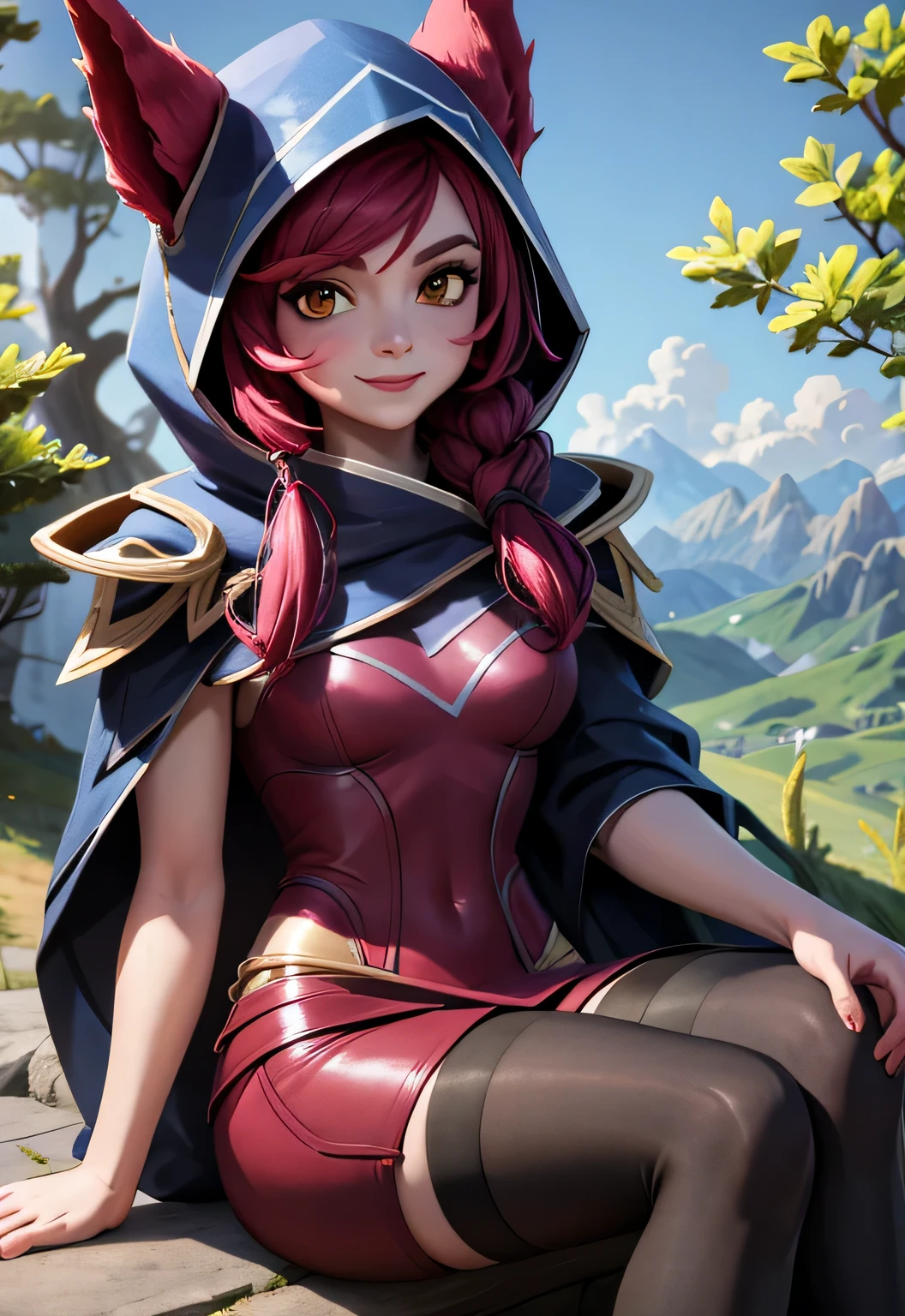 Xayah, sorriso pretensioso, sorriso sedutor, sittinagical, Magnificent, obra de arte:1.3)