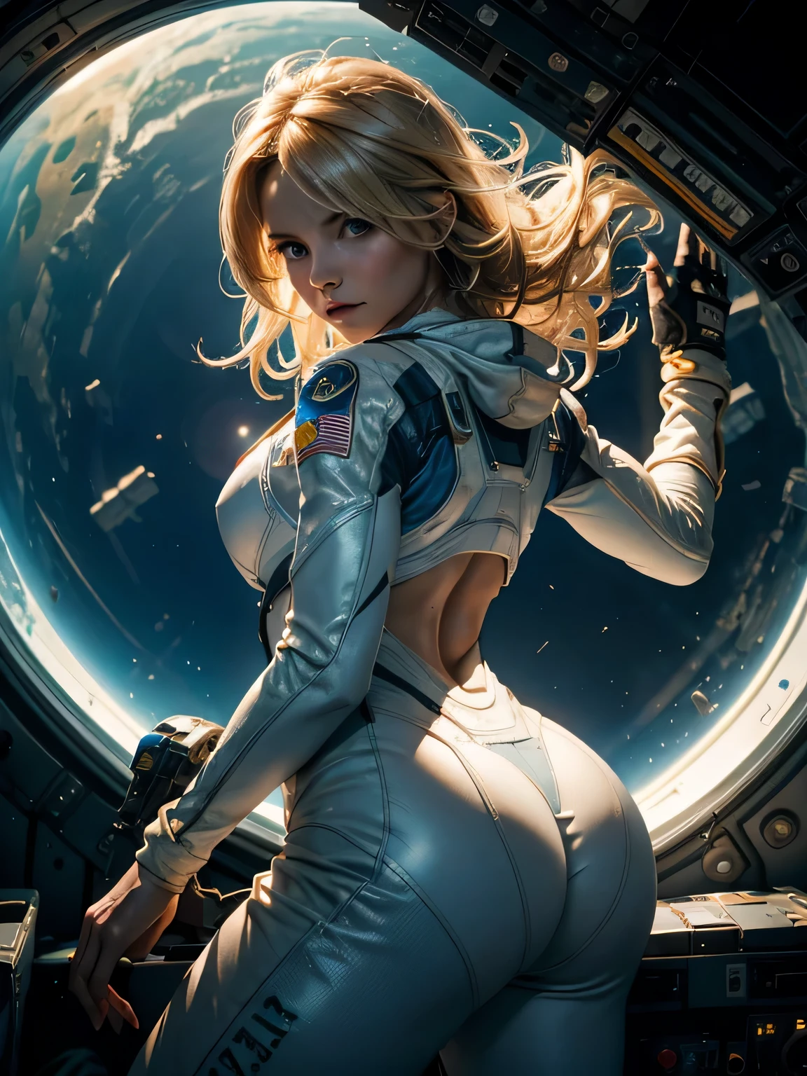 Helen Skelton, floating in zero gravity, afraid, moist skin, full figure, authentic NASA spacesuit, ass, blonde hair floating, tiny breasts, onboard derelict space station, cramped, Earth outside, sunbeam shining in through round viewport, floating pen, papers, dramatic light, deep shadows