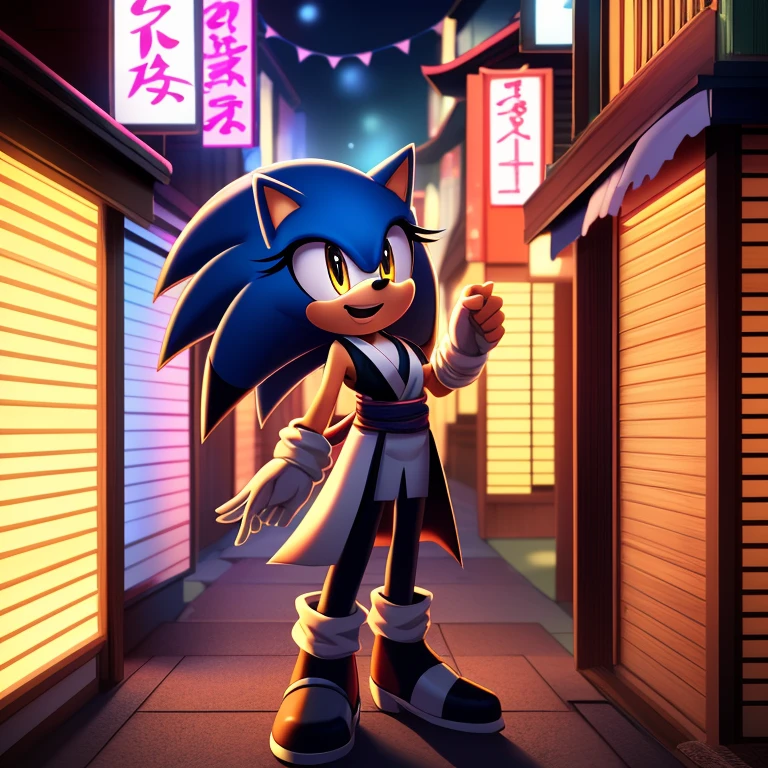 best quality, ultra-detailed, cinematic lighting, beautiful lighting, ((Masterpiece, humanoid hands)), hi res, detailed, detailed background, vibrant lighting, high quality, cartoon style, 2d, (mobian:1.1), solo, 1girl, (blue mobian hedgehog), blue body fur, (blue head spikes, black highlights:1.3), three tails, yellow eyes, lean body, ((wearing red Kimino)), ((japanies houses)), ((celebrating)), happy