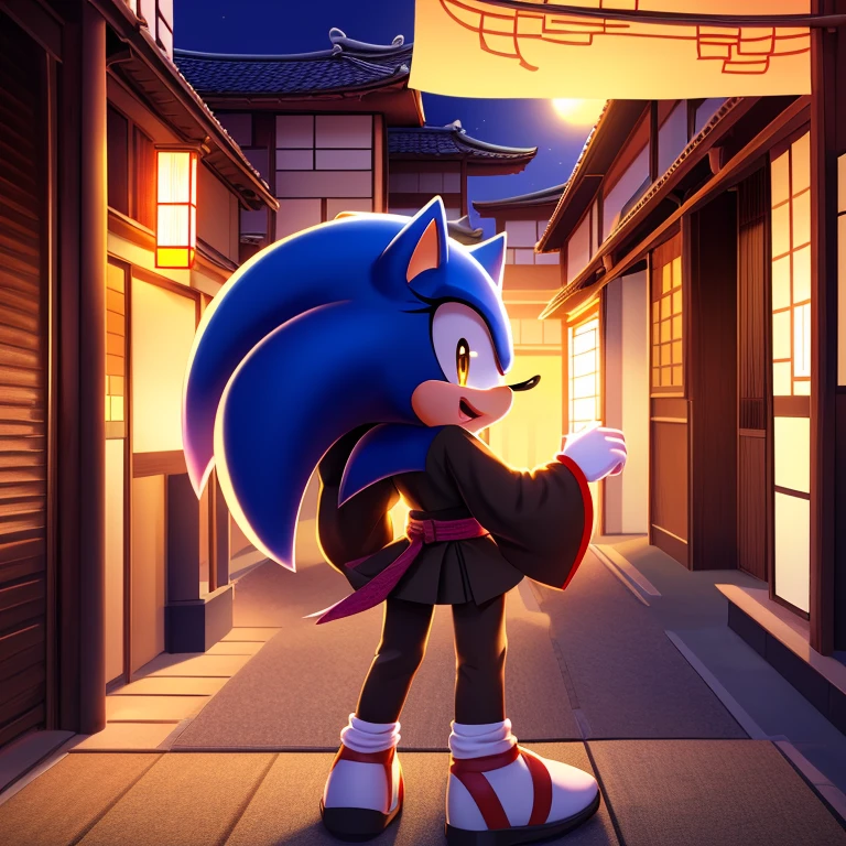 best quality, ultra-detailed, cinematic lighting, beautiful lighting, ((Masterpiece, humanoid hands)), hi res, detailed, detailed background, vibrant lighting, high quality, cartoon style, 2d, (mobian:1.1), solo, 1girl, (blue mobian hedgehog), blue body fur, (blue head spikes, black highlights:1.3), three tails, yellow eyes, lean body, ((wearing red Kimino)), ((japanies houses)), ((celebrating)), happy