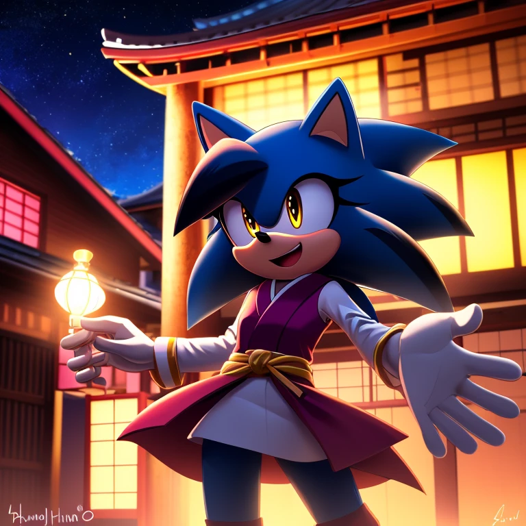 best quality, ultra-detailed, cinematic lighting, beautiful lighting, ((Masterpiece, humanoid hands)), hi res, detailed, detailed background, vibrant lighting, high quality, cartoon style, 2d, (mobian:1.1), solo, 1girl, (blue mobian hedgehog), blue body fur, (blue head spikes, black highlights:1.3), three tails, yellow eyes, lean body, ((wearing red Kimino)), ((japanies houses)), ((celebrating)), happy