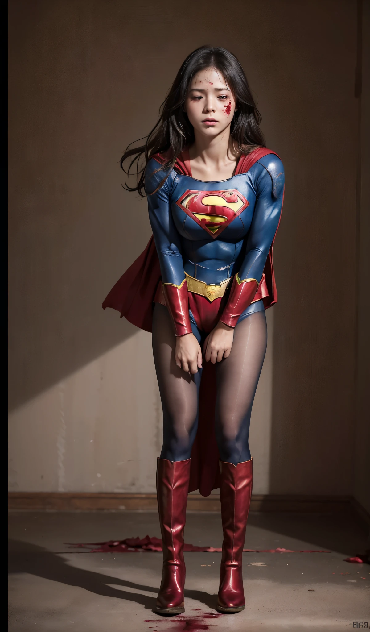 No background、(((Supergirl&#39;The costume was completely destroyed.、There are holes)))、((((close your eyes、The face has a sad expression))))、(((((bleeding from the body)))))、((((liquid is flowing from the mouth))))、((defeat、死んだスーパーヒロインSupergirl, weak position, stand on tiptoe、hanging))、(((always looks like it hurts)))、(((Painful expression)))、(((shout)))、(((hands and arms hanging forward)))、(((expression of suffering、Expressions of anguish)))、(((Beautiful legs in black tights.)))、(((sufferingの美しさを法的に表現する)))、((((Make the most of your original images)))、(((A destroyed Supergirl costume)))、(((Beautiful Hair)))、(((suffering)))、(((Beautiful legs must wear black tight shoes, Wear red boots)))、((Best image quality、8k))、((highest quality、8k、masterpiece:1.3))、(((Preserve background )))、Sharp focus:1.2、Beautiful woman with perfect figure:1.4、Thin abdominal muscles:1.2、Wet body:1.5、Highly detailed face and skin texture、8k