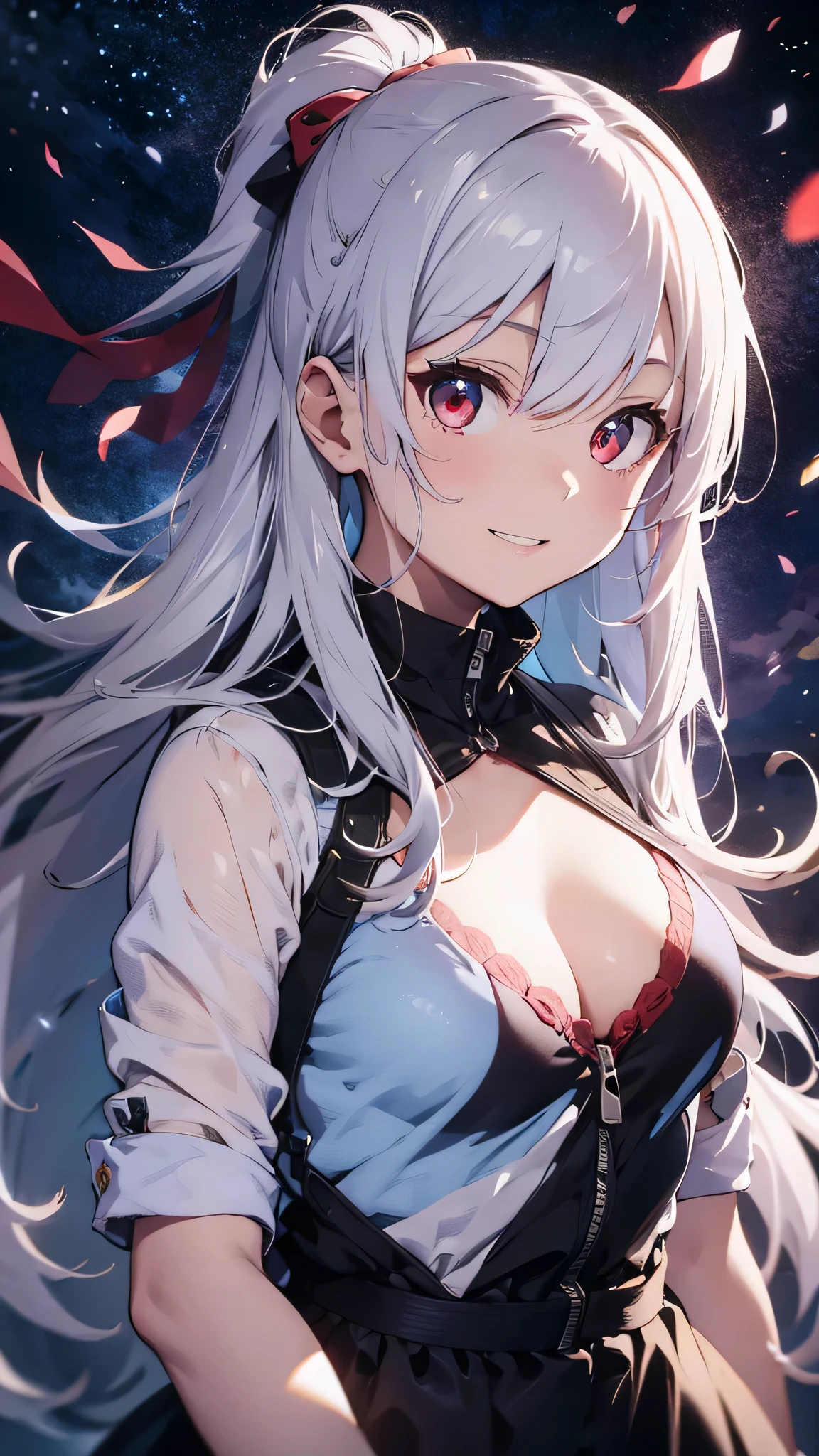 最high quality、Best image quality、masterpiece、girl((20-year-old、 By becoming、Best Bust、Medium Bust,Wide open breast tea、red glowing eyes,Silver Hair、Disheveled Hair、Long Hair、thin,The highest valley、Open chest、White wristband、smile、hair ornamentany accessories、White shirt、OL)),high quality、Beautiful art、background((company))、Flight、Flying debris、Written boundary depth、movie、Visual Arts、Perfect art、8K,Genuine、