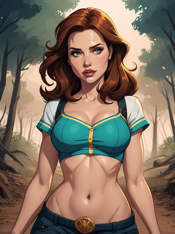 kimberly ann possible, 1girl, abs, bandaid, brown hair, ((big breasts)), ((curvy body)), sitting on chair outdoors, ((spread legs )), butt hole, bare body, ((náked)), (( realistic vágina)), fingerless gloves, gloves, green eyes, large breasts, lips, long hair, midriff, navel, ((side panties)), pose, solo, thighs, toned ,(( tanline breasts)), sunny day , sunlight, hot summer,