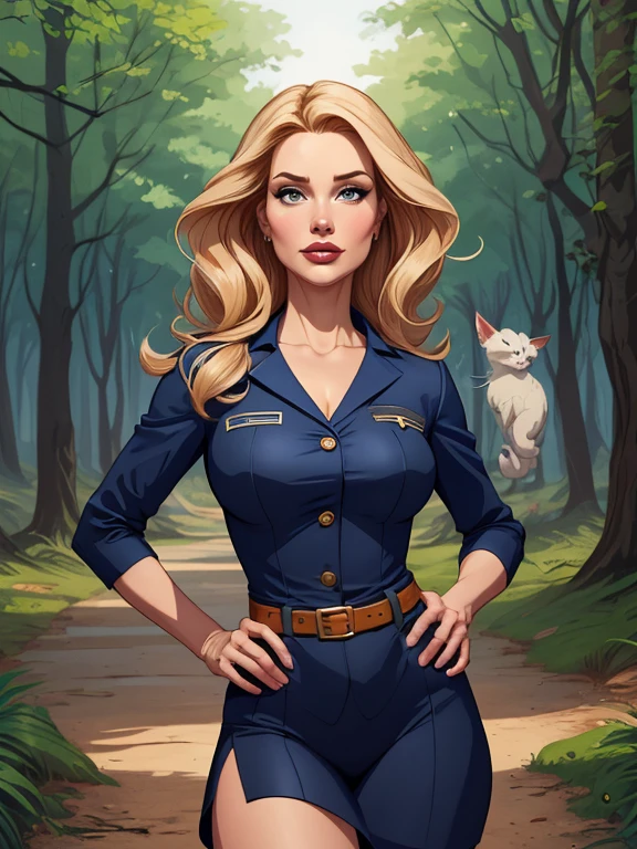 Personagem mulher Geena Davis PinUp dos anos 30 com marcas de guerras Imagem de desenho animado de uma mulher .Ilustra??o estilo desenho animado, estilo de arte dos desenhos animados, estilo de arte dos desenhos animados, digital illustration style, design de personagens altamente detalhado, arte digital detalhada coragem, Forest fan art, Design de personagens de retrato, beautiful digital illustration, retrato de alta qualidade, Arte em quadrinhos, mulher jovem cabelo com transas lindas . Beautiful lined eyes Medium large bust and wonderful sexy clothes. image expression of sexual desire from the waist to the uniform illustration Geena Davis Fallout 23
