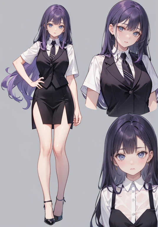 ((Perfect Face)),Purple Hair,voluminous long hair,1 female,bartender,suit,Black vest,Shirt with rolled up sleeves,tie,slit,High heels,,((Simple Background)),smile,((whole body)),((whole body)),Portraiture,virtual,upright,,Both arms are down,Standing upright with face and body facing forward,