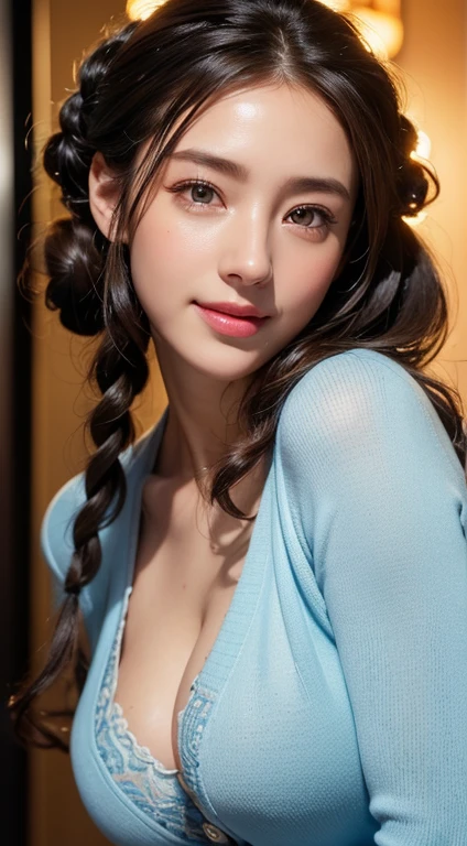 ((A beautiful woman in a light blue cardigan and mini dress)),full Body Portrait、8K,Eyes in Beautiful Details,dingdall effect、masterpiece, top-quality, hightquality, hight resolution、hyperdetailed photo、(natural skin textures、Detailed skin、Hyper-Realism、ultra sharpness)、high-detail skin、(ighly detailed、detailed skin textures、intricate detailes、beautiful expression、(Lifelike face)、realisticeyes、beatiful detailed eyes、real looking skin、Beautiful skins、A hyper-realistic、ighly detailed、the golden ratio、With smiling eyeoonlight background at night))、Full Body Portrait、(Curly hair in braids、Bun1),big breasts, cleavage , sexy legs, mini dress