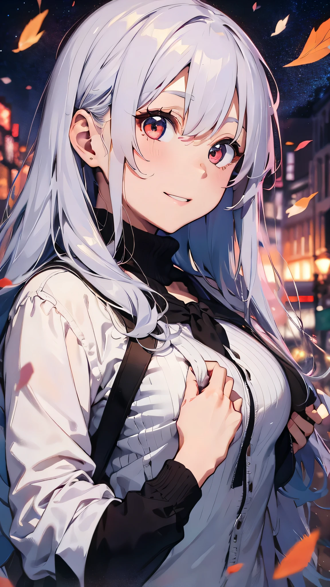 ((masterpiece)),(best quality),(detailed),(1girl), (4k), elaina_\(majo_no_tabitabi\), white hair, long hair, ahoge, blue eyes, ((adorable)), (cute,) :d, (blush), school uniform, on road, houses, street light, night, ((sparkle)), ice cream on hand,