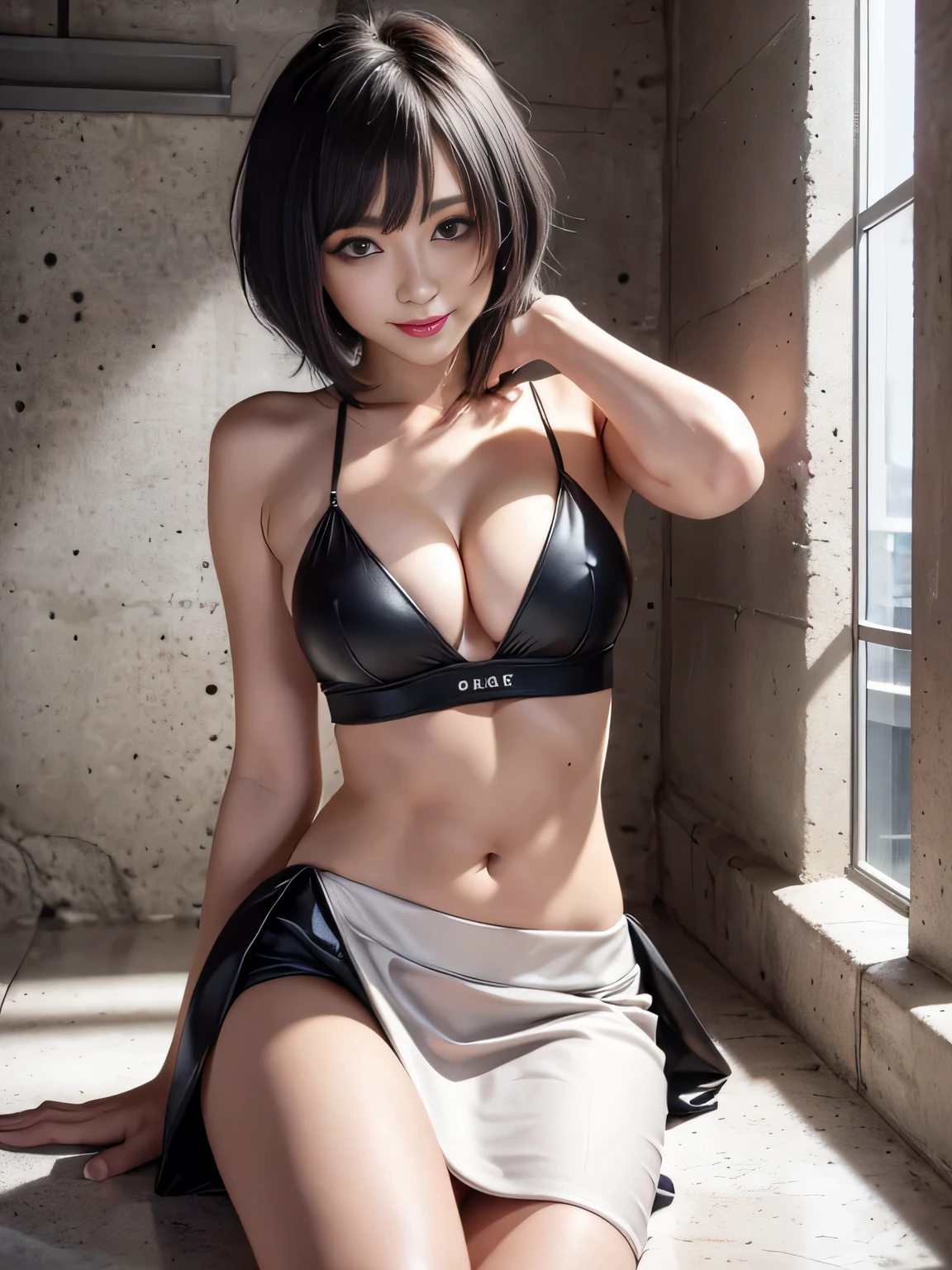 masterpiece, 8k, Award-winning photography, photoRealistic, Realistic, Very detailed, Ultra-high resolution, Ray Trakun, _ The most beautiful, 20-year-old ,(sexy,Japanese Idols,Black Hair, short hair),Shiny skin , Fine skin , Detailed face , Beautiful Eyes , _ Looking at the audience, Showing cleavage, _ break (Droopy eyes, Natural Makeup,smile, shining teeth 1.2),Light-colored, medium-sized breasts, _ Glowing black eyes, White skin, _ Simple concrete studio with window, Very detailed background, , ultra-Realistic textures, Dramatic lighting ,RAW Photos, 1 girl, _ Dynamic Angle, (Under the skirt:1.3),