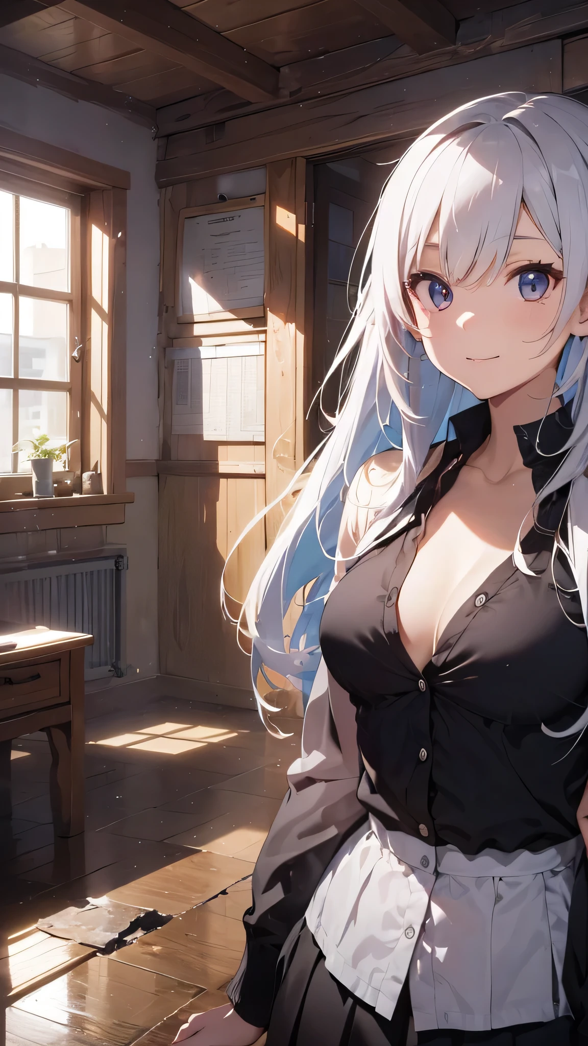 最high quality、Best image quality、masterpiece、girl((20-year-old、 By becoming、Best Bust、Medium Bust,Wide open breast tea、red glowing eyes,Silver Hair、Disheveled Hair、Long Hair、thin,The highest valley、Open chest、White wristband、smile、hair ornamentany accessories、White shirt、OL)),high quality、Beautiful art、background((company))、Flight、Flying debris、Written boundary depth、movie、Visual Arts、Perfect art、8K,Genuine、
