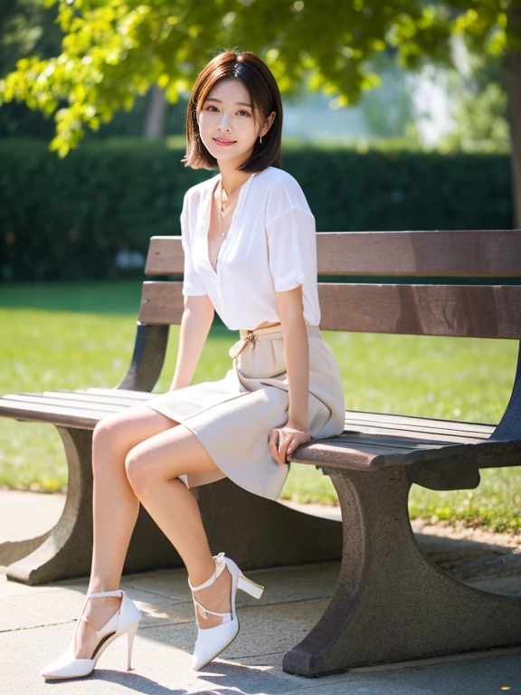 (Detailed skin:1.2),(Glowing Skin:1.1), 8k, highest quality, masterpiece, Ultra-high resolution, (Realistic:1.4), RAW Photos, (Soft saturation:1.3), (色white:1.2), Korean Idol, 27 years old, (masterpiece, highest quality: 1.2),(Highly detailed face, whole body,The real picture, Realistic Skin, Realistic body, Intricate details),Lightly reddish, (Neat and cool casual wear (white)), whiteいブラジャー, Ultra mini skirt 、Tight Skirt、 Sitting on a park bench、(Legs crossed:1.2、Long, slender legs、Beautiful legs)、Beautiful Face、brown hair、short hair, Small breasts, Are thin、Standing there watching me、to be shy、Japanese、Well-formed eyes、Symmetrical eyes、Slender body、I feel like I want to protect you、A neat and clean woman、flat chest、 neat woman, natural beauty、 light makeup 、Thin waist、I'm having a drink