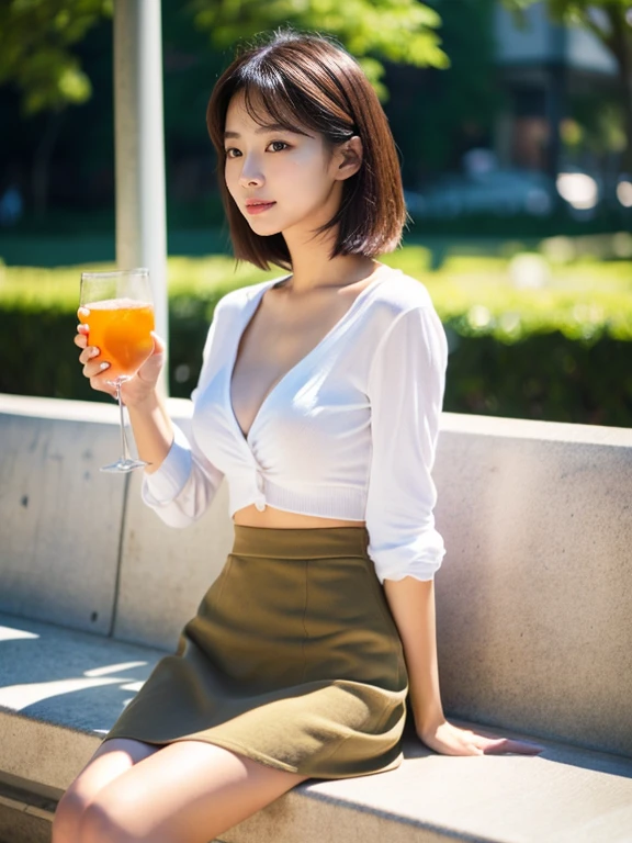 ((Best quality, 8k, Masterpiece: 1.3, raw photo)), Sharp focus: 1.2, 1 aespa girl, (realistic, photo-realistic:1.37), (face focus: 1.1), cute face, small breasts, flat chest, short messy hair, sitting, white summer casual, skirt, restaurant, bar, sunlight, cinematic lighting, from below