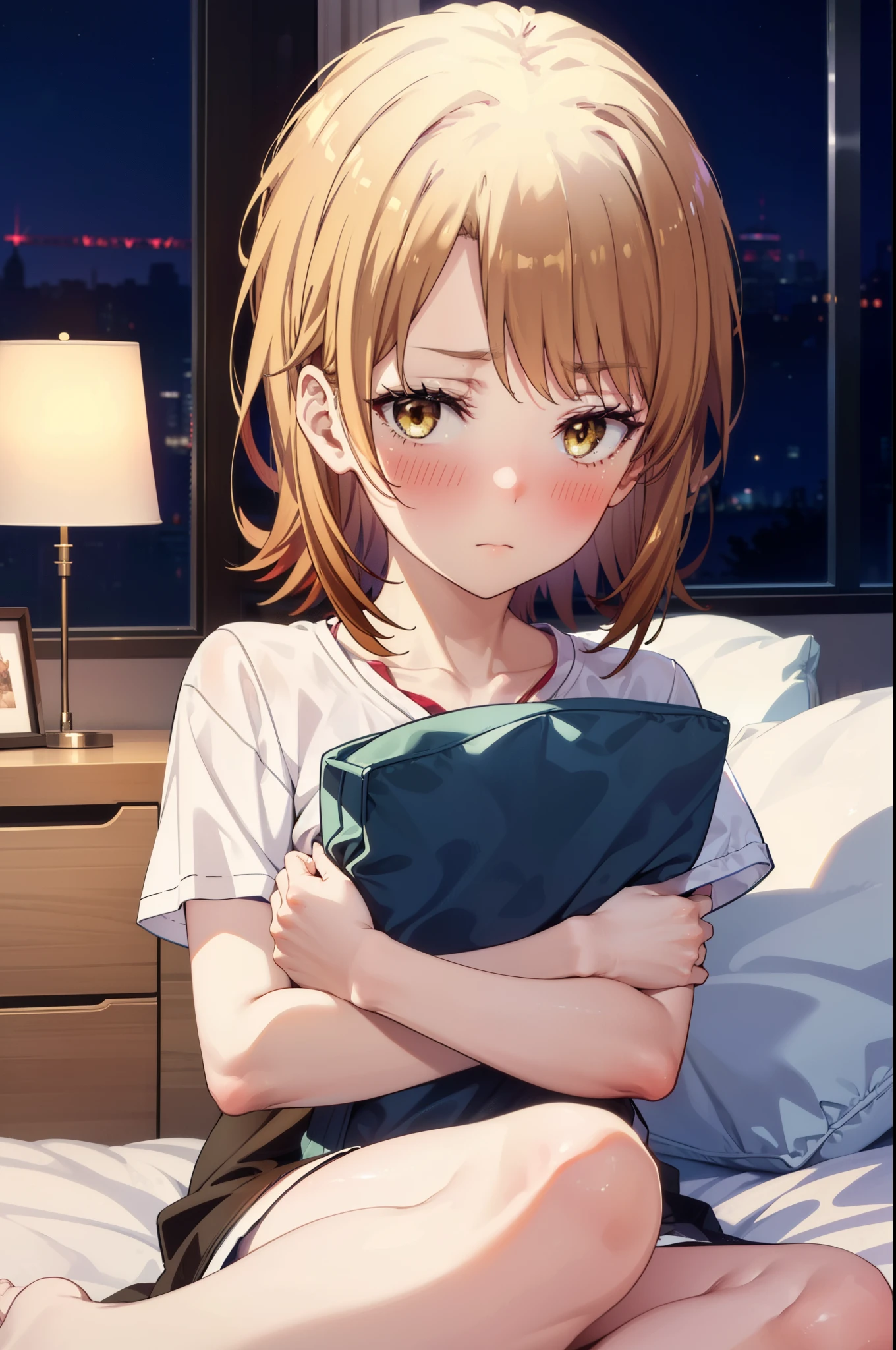 irohaisshiki, Iroha Isshiki, short hair, brown hair, (Brown eyes:1.5), blush,Looks sleepy,Embarrassing,oversized t-shirt,black string underwear,barefoot,Holding a large pillow in both arms,Putting my face on the pillow,Sitting on the bed,ロマンチックな夜景
break indoors, Bedroom,
break looking at viewer,
break (masterpiece:1.2), highest quality, High resolution, unity 8k wallpaper, (figure:0.8), (Beautiful fine details:1.6), Highly detailed face, Perfect lighting, Highly detailed CG, (Perfect hands, Perfect Anatomy),