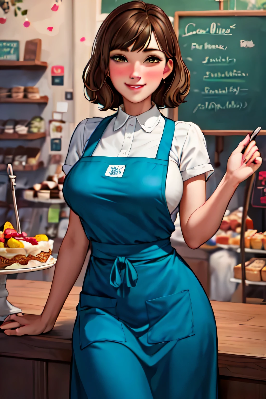 1lady solo, /(staff uniform/) /(deep green apron/), /(brown hair/) bangs, blush kind smile, (masterpiece best quality:1.2) delicate illustration ultra-detailed, large breasts BREAST /(cafe shop/)