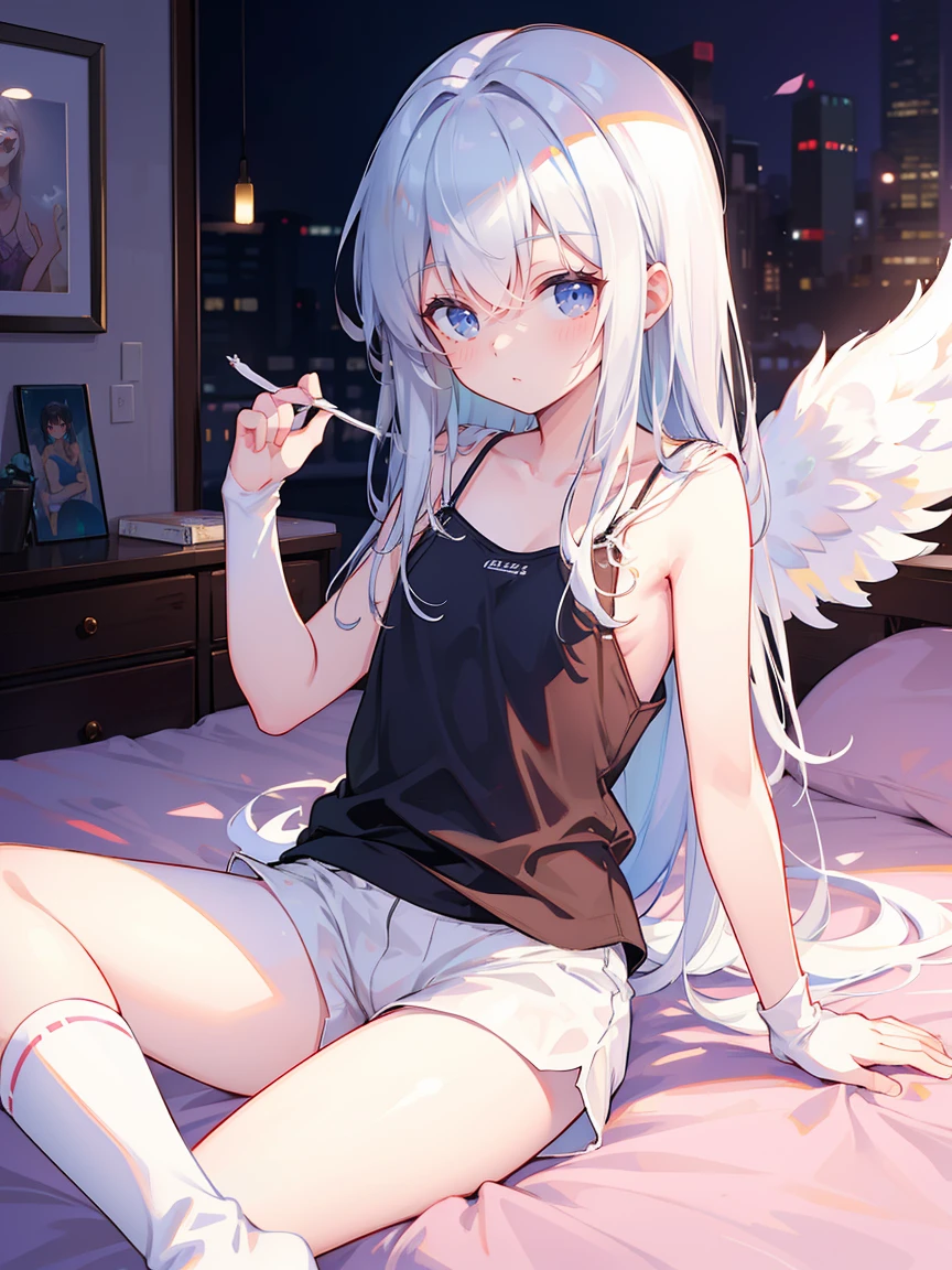 Absurd,(masterpiece、highest quality、8k ),Intricate details,Ultra-detailed、1 cute girl、((movie:1.4)),Male focus,Embarrassing、(Flat chest、bulge:2.2(Silver Hair、(Angel、White camisole,White shorts、White knee-high socks:1.3),On the bed、Ultra-realistic,Perfect Anatomy