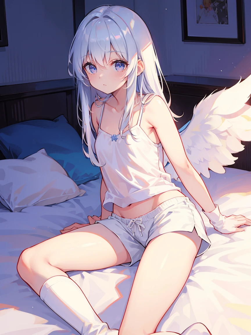 Absurd,(masterpiece、highest quality、8k ),Intricate details,Ultra-detailed、1 cute girl、((movie:1.4)),Male focus,Embarrassing、(Flat chest、bulge:2.2(Silver Hair、(Angel、White camisole,White shorts、White knee-high socks:1.3),On the bed、Ultra-realistic,Perfect Anatomy