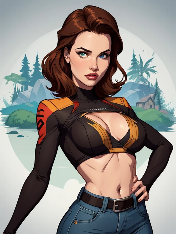 Personagem mulher Geena Davis PinUp dos anos 30 com marcas de guerras Imagem de desenho animado de uma mulher .Ilustra??o estilo desenho animado, estilo de arte dos desenhos animados, estilo de arte dos desenhos animados, digital illustration style, design de personagens altamente detalhado, arte digital detalhada coragem, Forest fan art, Design de personagens de retrato, beautiful digital illustration, retrato de alta qualidade, Arte em quadrinhos, mulher jovem cabelo com transas lindas . Beautiful lined eyes Medium large bust and wonderful sexy clothes. image expression of sexual desire from the waist to the uniform illustration Geena Davis Fallout 23
