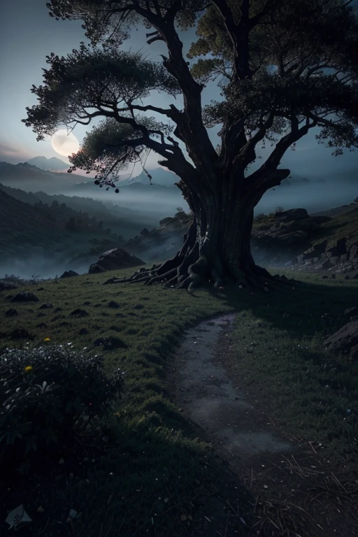 Imagine a dark fantasy landscape called "Valley of Shadows". This mysterious land is shrouded in eternal twilight, and the sky is an eternal canvas of dark purple and dim silver stars. The ground is a mixture of jagged black rocks and a thin layer of fog, which never completely dissipates, creating an ethereal and slightly unnerving atmosphere.
The main attraction of this valley is a massive ancient tree, known as "Nightbloom", which grows in the very heart of this earth. Its bark is black, like obsidian, and it blooms only once a year in the light of the blood-red moon, blooming bright blue flowers, which emit a mesmerizing glow. Rumored, this tree is a source of ancient magic and attracts many mythical creatures.
Winding forests lie around the Night Flower, trees in which resemble gnarled hands, reaching for the sky, casting eerie shadows, dancing in the dim light. Creatures with glowing eyes hide in the sparse undergrowth, silently watching travelers pass by.