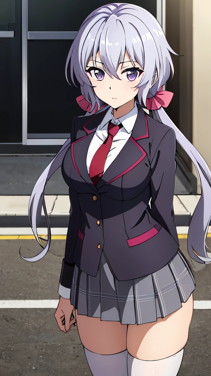 (best quality, 8K, high resolution, masterpiece:1.2), anime art style, yukine chris, 1 girl, perfect face, perfect eyes, large medium breasts, silver hair, low twin tails, pink hair ribbon purple eyes, thin twin tails, long hair, soft expression, alone, (School uniform, gray blazer, red tie, miniskirt, ruffle skirt, cool gray skirt, plaid skirt white stockings), cowboy shot,  viewer appreciation