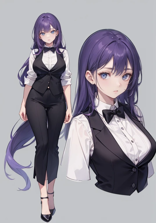 ((Perfect Face)),Purple Hair,voluminous long hair,1 female,bartender,suit,Black vest,Shirt with rolled up sleeves,tie,slit,High heels,,((Simple Background)),smile,((whole body)),((whole body)),Portraiture,virtual,upright,,Both arms are down,Standing upright with face and body facing forward,