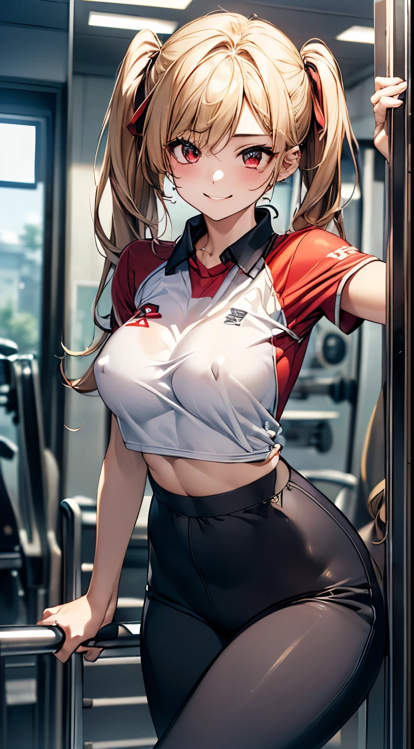 最high quality、Best image quality、masterpiece、With a girl((18-year-old, Play sports often, Sports pants、Best Bust、Bust 90、Erect nipples、Blonde twin tails、Red eyes、Open your chest wide, thin, smile, Fitness, I'Use a Smith machine))high quality、Beautiful art、With background((Sports club))、Tabletop、Exquisite design、Visual Arts、
