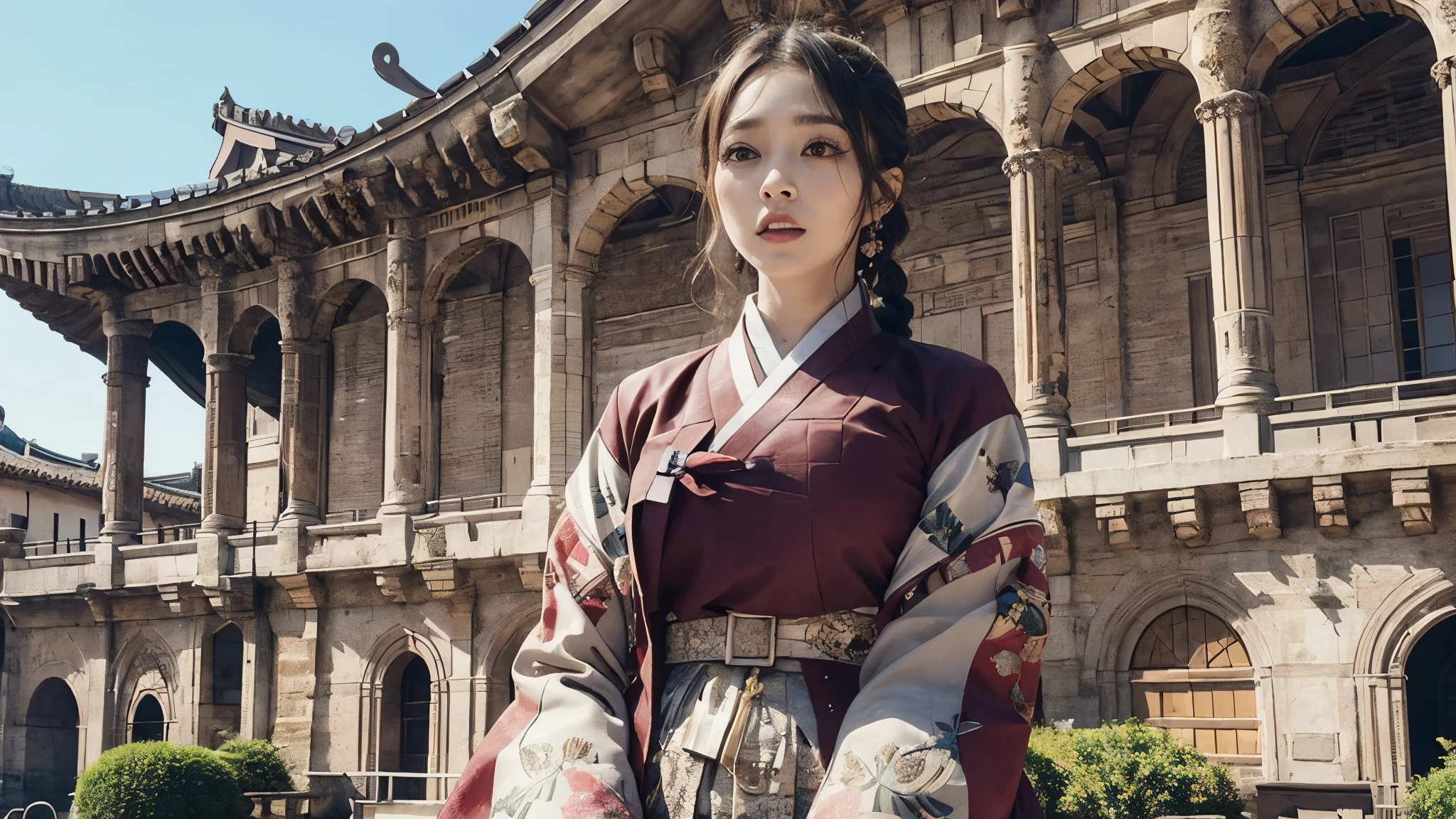 (best quality, 8K, masterpiece: 1.3), ((((((Incredibly huge breasts: 0.8))))), (beautiful face:1.3), traditional hanbok, beauties of joseon dynasty,  baroque building, 17th century European feel, huge european castle, european background, A Joseon woman summoned to another world,