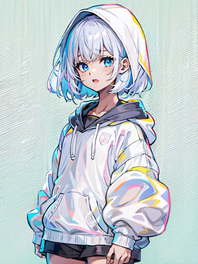 1 person girl、pleochroism、A loose-fitting jersey-style long hoodie in holographic colors、Ribbed knit cuffs and hem、Vtuber whole body、Milky white short hair、Standing figure facing the viewer、Simple Background、highest quality、Masterpiece、Official Art、8K、