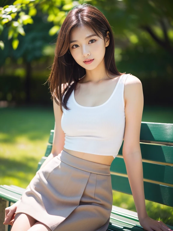 (Detailed skin:1.2),(Glowing Skin:1.1), 8k, highest quality, masterpiece, Ultra-high resolution, (Realistic:1.4), RAW Photos, (Soft saturation:1.3), (色white:1.2), Korean Idol, 27 years old, (masterpiece, highest quality: 1.2),(Highly detailed face, whole body,The real picture, Realistic Skin, Realistic body, Intricate details),Lightly reddish, (Neat and cool casual wear (white)), whiteいブラジャー, Ultra mini skirt 、Tight Skirt、 Sitting on a park bench、(Legs crossed:1.2、Long, slender legs、Beautiful legs)、Beautiful Face、brown hair、short hair, Small breasts, Are thin、Standing there watching me、to be shy、Japanese、Well-formed eyes、Symmetrical eyes、Slender body、I feel like I want to protect you、A neat and clean woman、flat chest、 neat woman, natural beauty、 light makeup 、Thin waist、I'm licking ice cream
