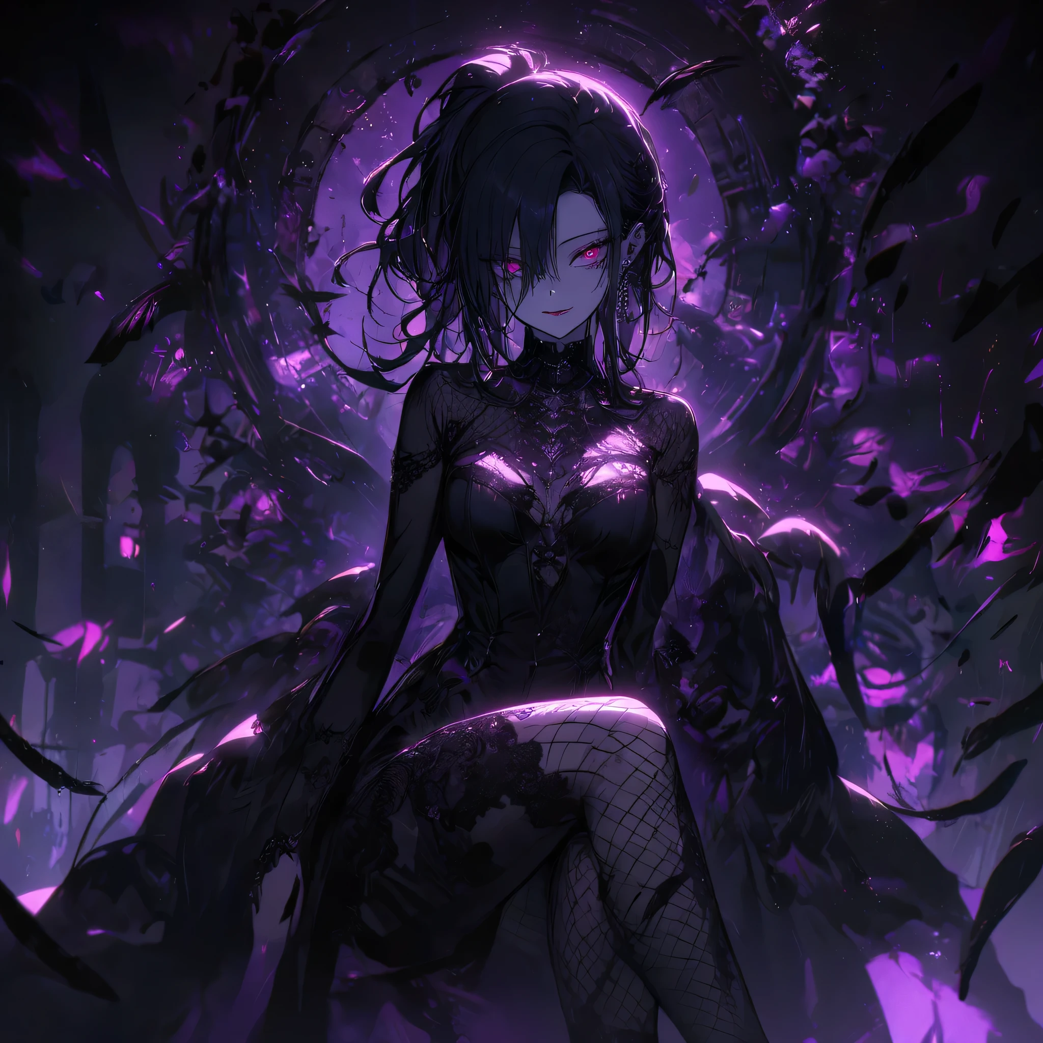 (dark atmospher,Gothic Fashion,Bright colors best quality,Super exquisite item,),Sexy Goth Vampire Girl,In the rose garden at night,Beautiful and delicate eyes,Black straight ponytail with blue tip,Crow's feathers,red lip gloss stick,Mysterious Smile,Very pale,Fishnet tights,Black lace dress,Aura Bootie Pointed Toe,The moonlight illuminates your elegant silhouette,Soft shadows and soft highlights,Contrasting colors create a lively atmosphere,dark, Moody color palette,Subtle lighting effects, But dramatic,Sublime darkness intertwined with exquisite moonlight
