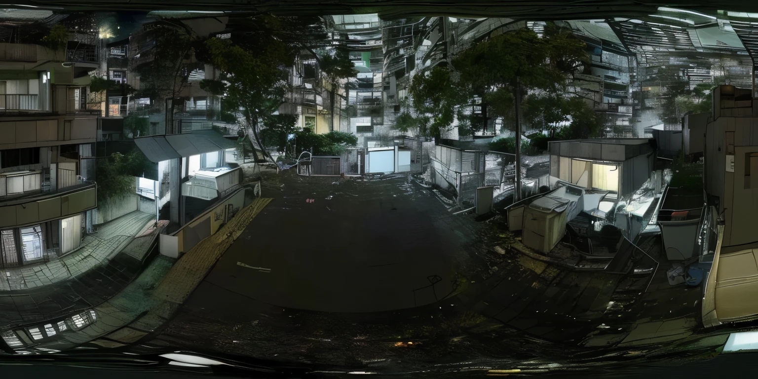 360 panorama drawing, in front of some garbage containers of an apartment block, in Asia, pitch black at midnight making things barely visible