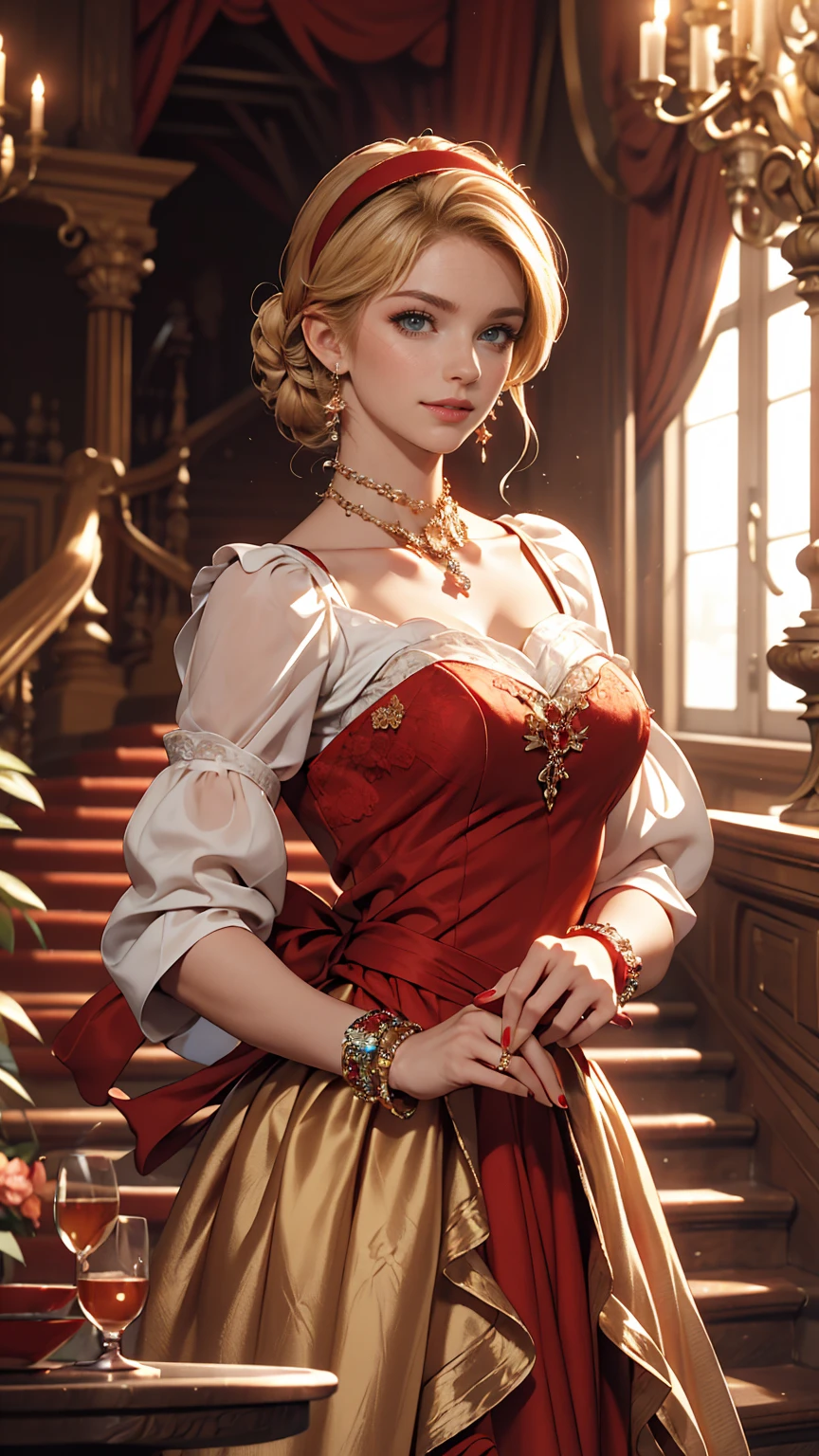 ((最high quality, 8K, masterpiece: 1.3, Ultra HD, high quality, 最high quality, High resolution, realism)) 、A 22-year-old extremely beautiful white woman、Hair color blonde、blue eyeedium Hair、Straight Hair、smile、Slender but well-proportioned body、Background blur((depth of field))、Aerial perspective((atmospheric perspective))、I want my head to stay off screen、Put an anklet on your ankle、Wearing red nail polish、I have a peticure、Cinderella、A luxurious bouffant dress((bouffant dress))Wear、Wearing one glass high heel、Headband((hairband))Attaching、Tie a scrunchie around your wrist、Dropping a glass high heel on the red carpeted stairs of a castle