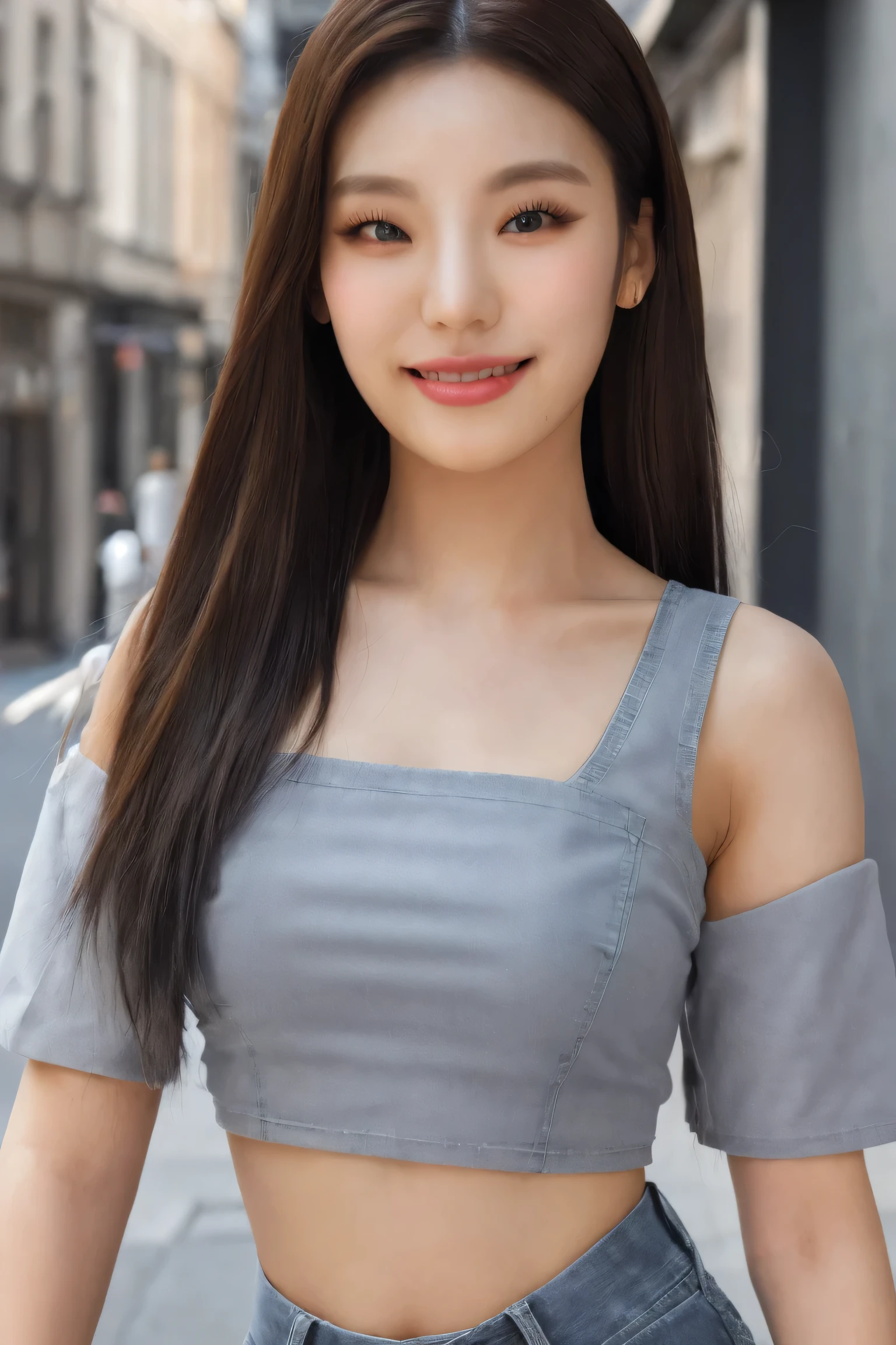 {(best quality), (realistic, photo-realistic, real), masterpiece, finely detail, highres}, {medium long shot, ambient lighting, soft lighting, soft shadows}, {(high detailed skin:1.1), beautiful skin, realistic skin}, {((yeji)), korean, idol, 1girl, solo, (brown eyes:1.2), detailed face, detailed eyes, wide eyes, square face shape, beautiful face, perfect face proportions, pretty eyes}, {(smiling), realistic hair texture, (black hair:1.2)}, {looking at viewer, outside, standing in a street, with a korean city in the background, slim body, (small boobs:1.2), grey crop top, navel, thighs, High-waisted blue flared jean shorts}