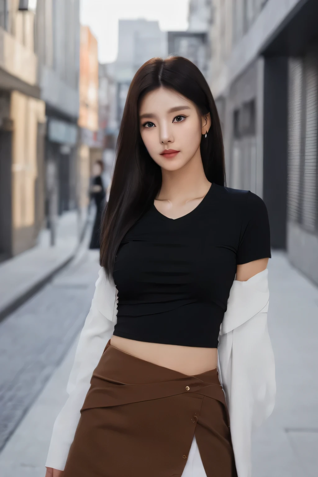 {(best quality), (realistic, photo-realistic, real), masterpiece, finely detail, highres}, {medium long shot, ambient lighting, soft lighting, soft shadows}, {(high detailed skin:1.1), beautiful skin, realistic skin}, {((yeji)), korean, idol, 1girl, solo, (brown eyes:1.2), detailed face, detailed eyes, wide eyes, square face shape, beautiful face, perfect face proportions, pretty eyes}, {realistic hair texture, (black hair:1.2)}, {looking at viewer, outside, standing in a street, with a korean city in the background, slim body, (small boobs:1.2), black tight shirt, navel, thighs, white skirt}