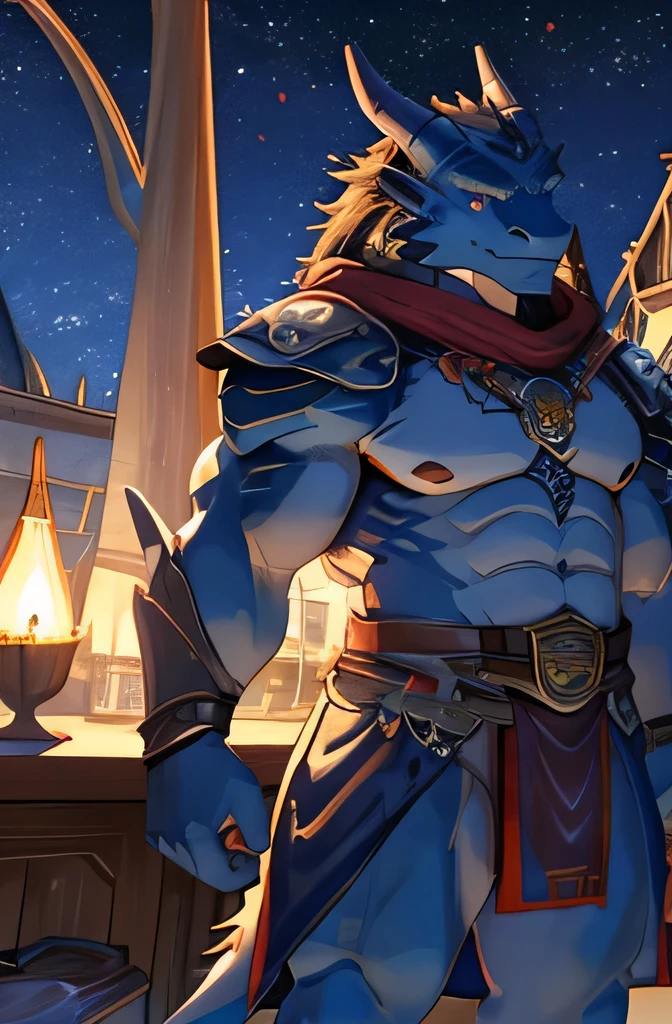 1 boy, ((Dragonborn)), blue scales, Red Eyes, big eyes,Strong, brave, Chubby, (Delicate face), whole body,seaside