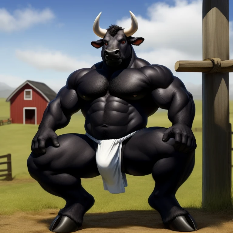 Furry Negro, Antro, Black Dark BullL , (Delgado sin musculos) Bull, Tight Fundoshi, hooves, (Furry Black Dark), Solo, (Cuerpo Completo), Toro, Tail Bull, (Tail bovine), Tight (fundoshi white), bulto macho, Big Balls , Fondo Granja Farm, (Fundoshi Ajustado Blanco), Detallado, Gran Calidad, Realista, Furr Black, (Red Eyes), Realista, White Horns, Torso Nergro, (Cuerpo perfecto proporcional) Pose de Pie Erguido, Pulgar Arriva, Cielo Azul