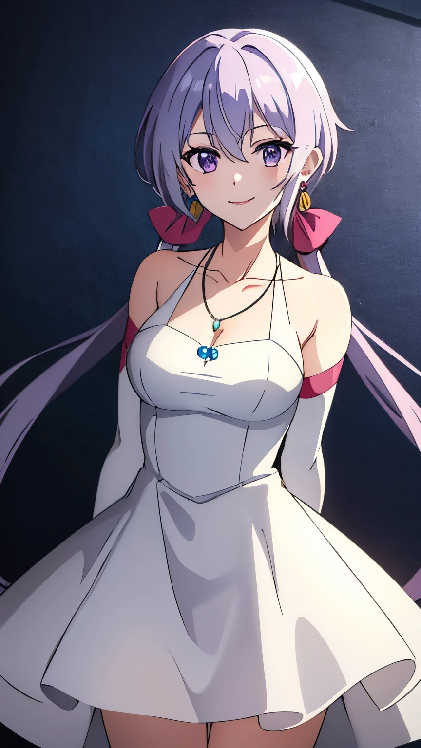 (best quality, 8K, high resolution, masterpiece:1.2), anime art style, yukine chris, 1 girl, perfect face, perfect eyes, soft expression, large medium breasts, silver hair, low twin tails, pink hair ribbon purple eyes, thin twin tails, long hair, alone, (white dress, white clothes dress, Both shoulders exposed, necklace, earrings, smile), cowboy shot,  viewer appreciation