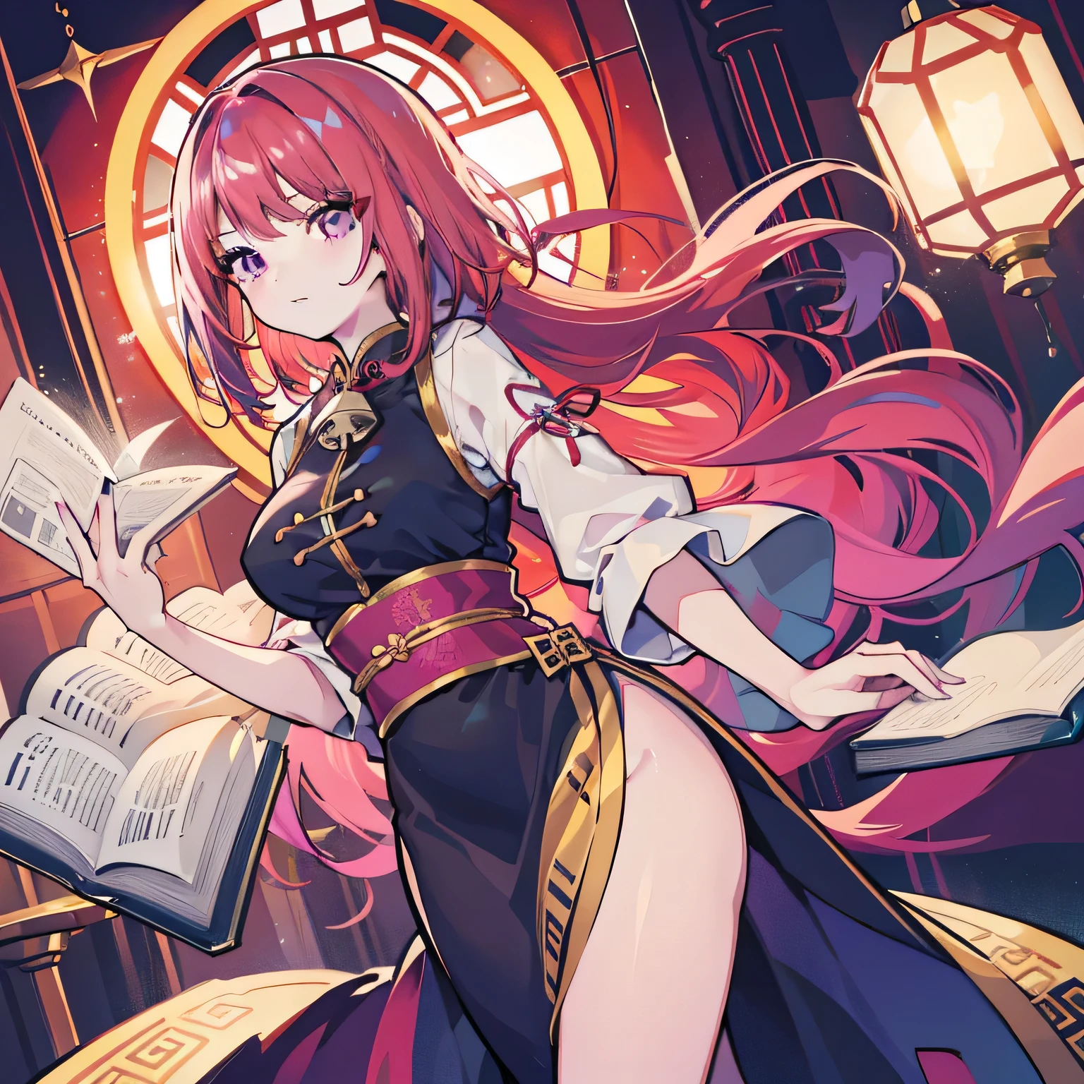 Young woman cheongsam illustration, Tabletop, The finer details, 4K, 8k, 12k, alone, 1 person, beautiful girl, White woman, 20-year-old, Red Bell,Book Meyrin 、pale purple hair, Long Hair, Black Chinese Dress、clothing slit