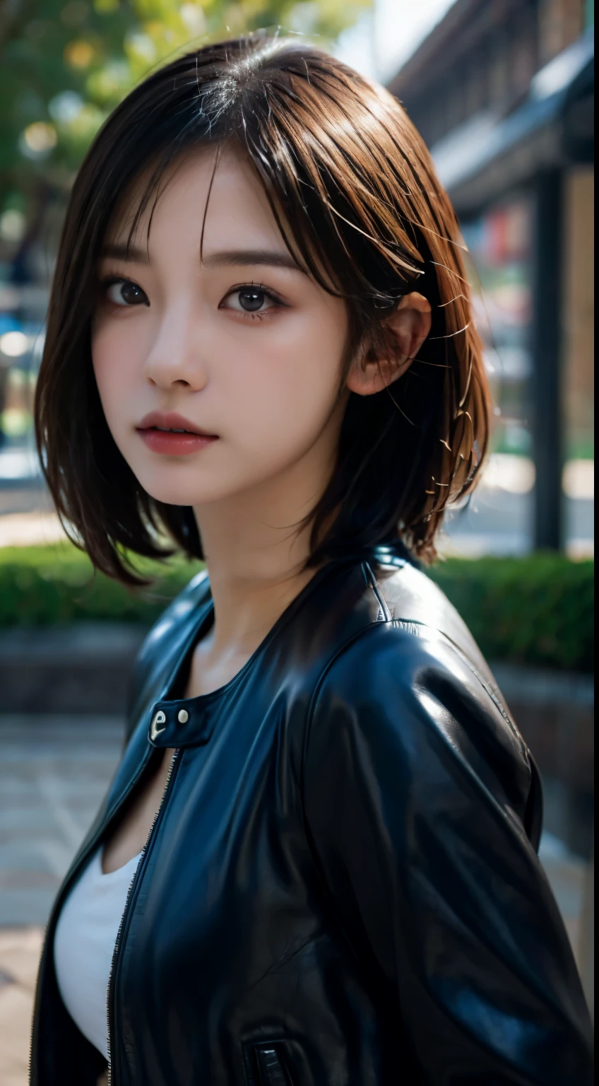 Portrait of a woman posing in a leather jacket、Look up、close your eyes、highest quality、Hyper HD、garden、Japanese Model,、beautiful asian woman、Short-haired、27 years old女性モデル、4k yen ], 4K], 27 years old, sakimichan, sakimichan