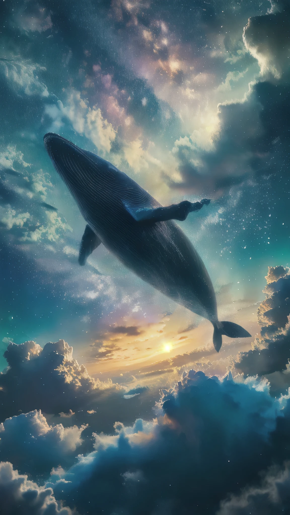 xuer Big whale, whale, null, star \(null\), starry null, cloud, scenery, Oversized animals, Blue Theme, night, Outdoor, Particles of light, night null, Wide Shot、Shining star、Milky Way、full moon