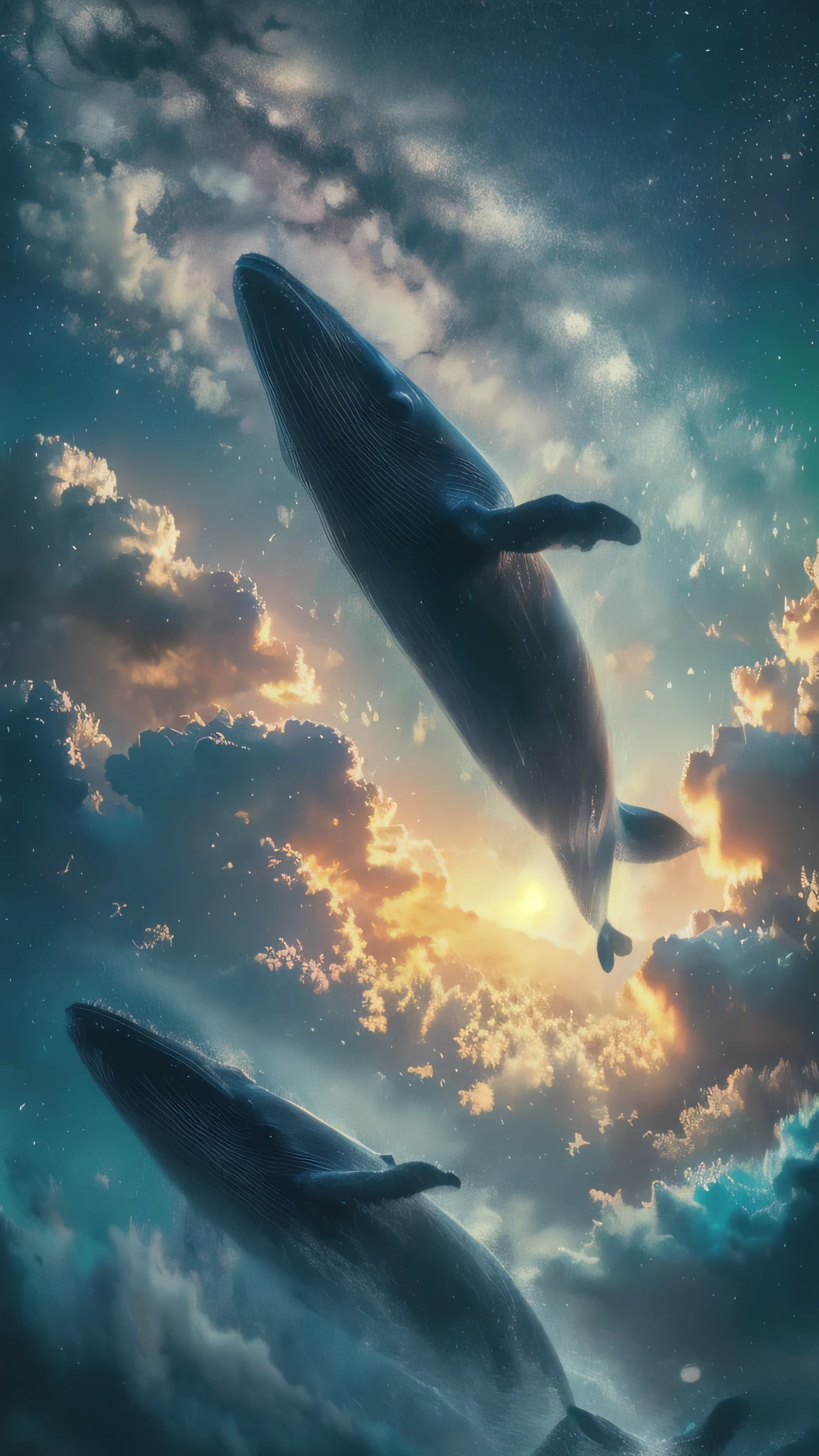 xuer Big whale, whale, null, star \(null\), starry null, cloud, scenery, Oversized animals, Blue Theme, night, Outdoor, Particles of light, night null, Wide Shot、Shining star、Milky Way、full moon