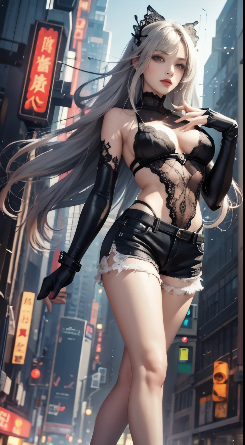 masterpiece,best quality,high resolution, 1 busty girl,From below,(The legs are very thin and straight)，,(Very long legs，Straight Legs),,High heel,Long legs,stand up, Leg length from the front, Perfect body,Have perfect legs,(bait)，Full body female，Cyberpunk Characters，Dynamic poses，1 busty girl，Exquisite eyes，Brown eyes，Eyeshadow，cosmetics，Long gray hair， Delicate face， Delicateeyes， Looking at the audience， blush blush\（cosmetics\）， Full lips， Red lips，（Long gray hair：1.3）， （stand up）Mechanical static，Mechanical Summoning，(Hair accessories:1.1)，((((Lace ，shorts))))，(black)，City，Luminous clockwork，，Cyberpunk Lights:1.1)，Neon，Full of mechanical and futuristic elements，technology，背景是一条中国传统的street，Chinatown， street， sky sky， Cyberpunk Characters， Paper lanterns， Neon超分辨率，（realism：1.3），1（Slim：1.2），Dramatic Lighting，Vivid details，Luxury Cyberpunk，complex background，