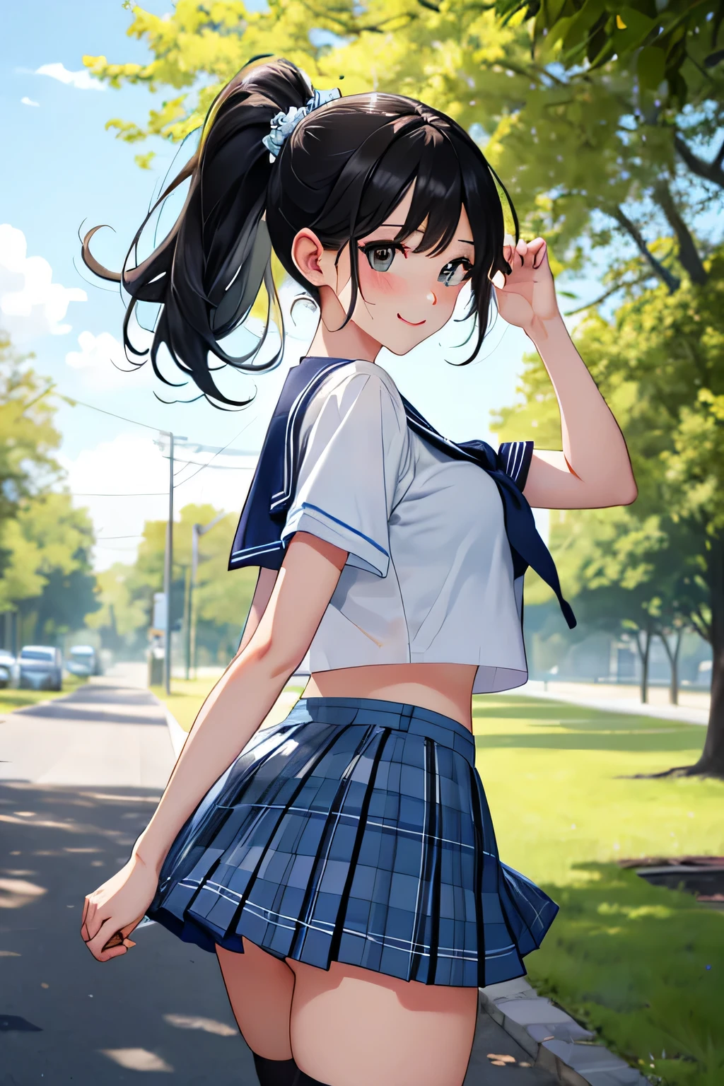 (highest quality:1.4)、High resolution、Detailed Background、(Beautiful face in every detail:1.4)、(Anatomically correct)、(Draw the usual number of fingers:1.2)、(Detailed facial expressions)、Realistic、age beauty、(Huge breasts:1.3)、Perfect body line、Bobcut、ponytail、Long Black Hair、Attractive big buttocks、attractive thick thighs、Show off your attractive armpits、cute plaid panties、sunny、School Zone、On the way to school、Cowboy Shot、
White sheer sailor suit、light blue sailor color、Pleated mini skirt with tartan plaid pattern、White knee-high socks、Absolute area、
(Backwards、Accentuate your butt)、A strong wind is blowing、Panty shot、Panty Shot、cute、Accentuate your butt、A big smile、I'm a little excited、Sexy butt and back、Embarrassed、Blushing、cute