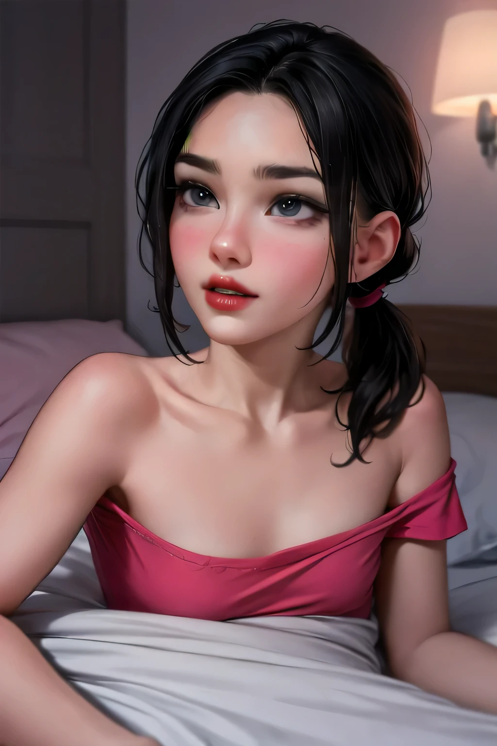 Close up shot, cute , black hair in two medium ponytails, sexy eyes, intense eye contact, small nose, red lips, orgasmic face, neck, collarbone, loose dark pink t shirt, bare shoulder, lying in bed, bed, bedroom, dark room, one lamp,, in bed