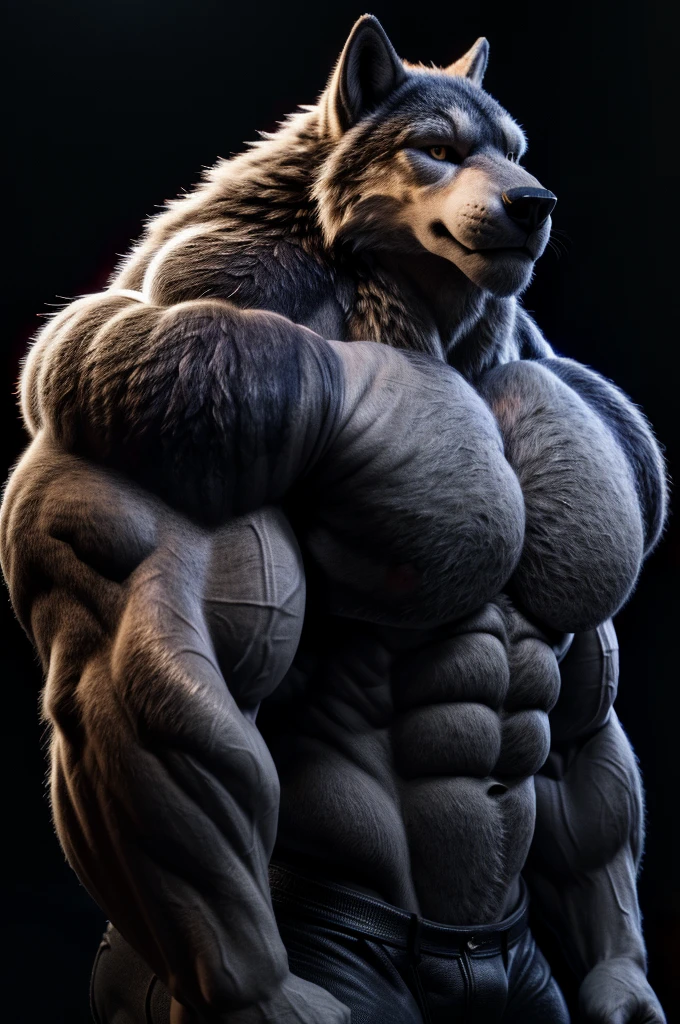 Image Quality：ultra-high detailed,absurd res，RAW photo，（high quality:3）, (masterpiece 4k 8k:1.2) (best quality:3)(low lighting:1.6)，cinematic solo，wolf muscle：(exaggerated huge muscles:1.2)，(bodybuilder),(thick muscular neck:1.2)(too huge muscular pecs:1.3)(huge muscular arms:1.2