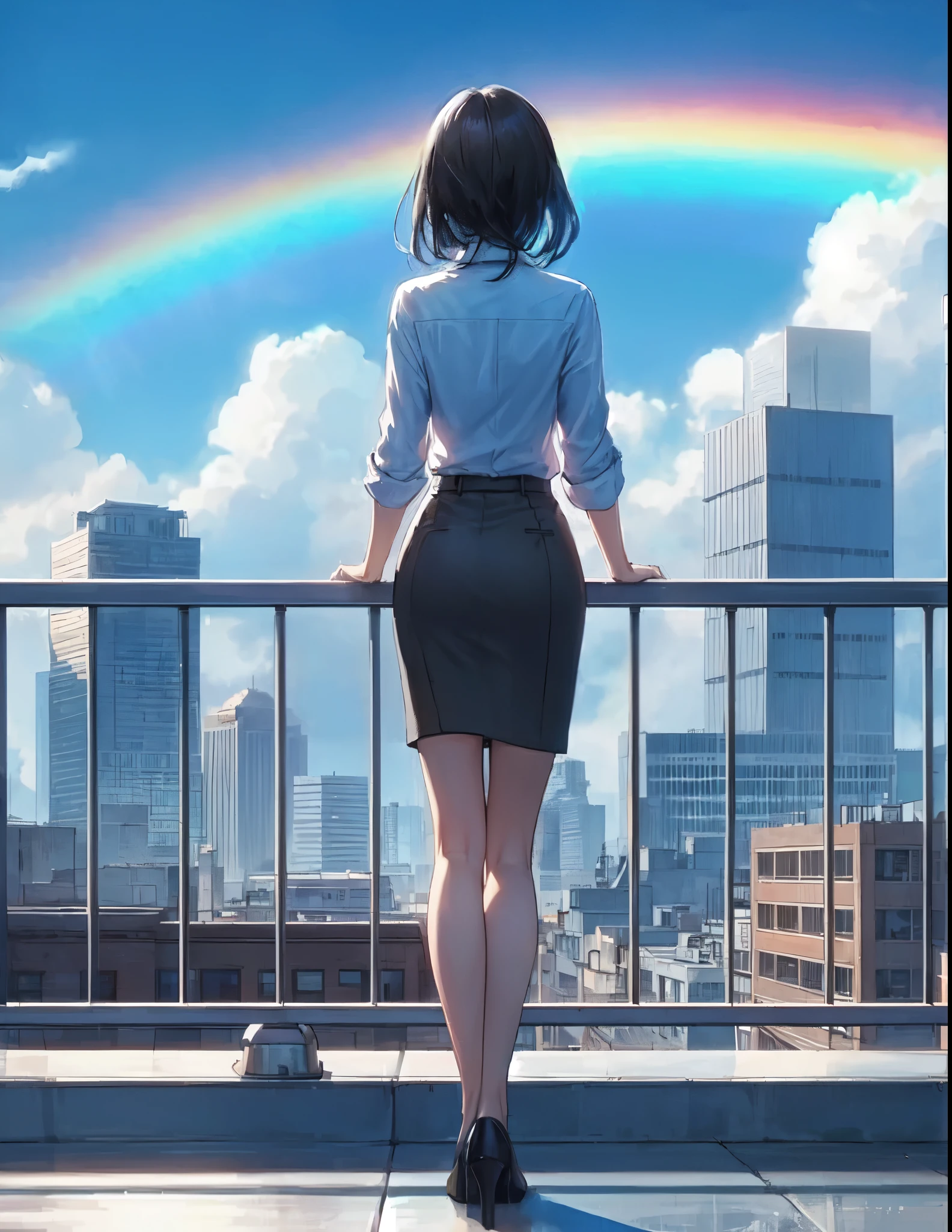 1lady standing, (back of head), (from behind), (leaning on rooftop railing), office worker outfit, mature female, /(black hair/), (masterpiece best quality:1.2) delicate illustration ultra-detailed BREAK (vibrant rainbow:1.2) in the sky BREAK (rooftop of building), outdoors, railing, blue sky, cityscape, detailed background