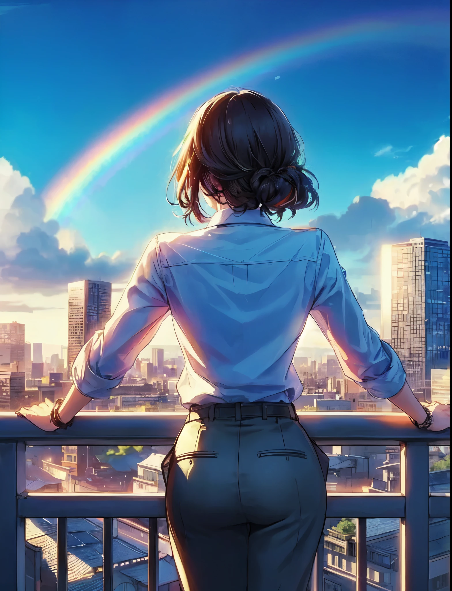 1lady standing, (back of head), (from behind), (leaning on rooftop railing), office worker outfit, mature female, /(black hair/), (masterpiece best quality:1.2) delicate illustration ultra-detailed BREAK (vibrant rainbow:1.2) in the sky BREAK (rooftop of building), outdoors, railing, blue sky, cityscape, detailed background