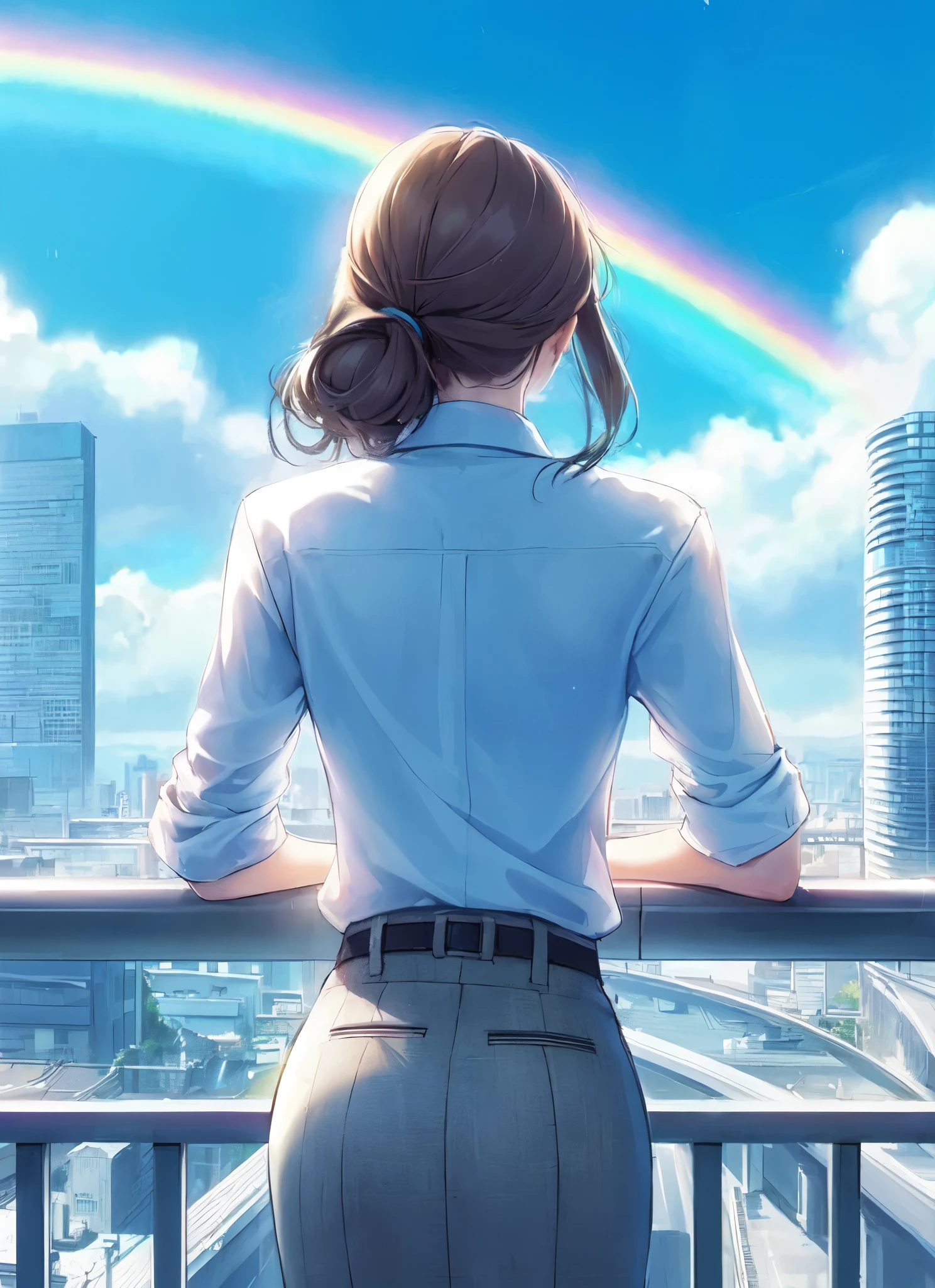 1lady standing, (back of head), (from behind), (leaning on rooftop railing), office worker outfit, mature female, /(light brown hair/), (masterpiece best quality:1.2) delicate illustration ultra-detailed BREAK (vibrant rainbow:1.2) in the sky BREAK (rooftop of building), outdoors, railing, blue sky, cityscape, detailed background