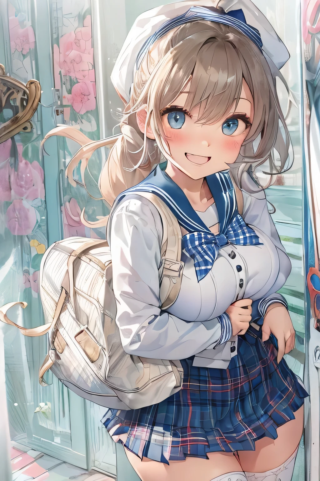 (highest quality:1.4)、High resolution、Detailed Background、(Beautiful face in every detail:1.4)、(Anatomically correct)、(Draw the usual number of fingers:1.2)、(Detailed facial expressions)、Realistic、Teenage beauty、(Huge breasts:1.3)、Perfect body line、ponytail、long、Attractive big buttocks、attractive thick thighs、sunny、On the way to school、Cowboy Shot、
White sheer sailor suit、light blue sailor color、No sleeve、Pleated mini skirt with tartan plaid pattern、White knee-high socks、Absolute area、
(Backwards:1.2、Accentuate your butt)、A strong wind is blowing、Panty Shot:1.2、Accentuate your butt、A big smile、I'm a little excited、Attractive ass、Embarrassed、Blushing、cute