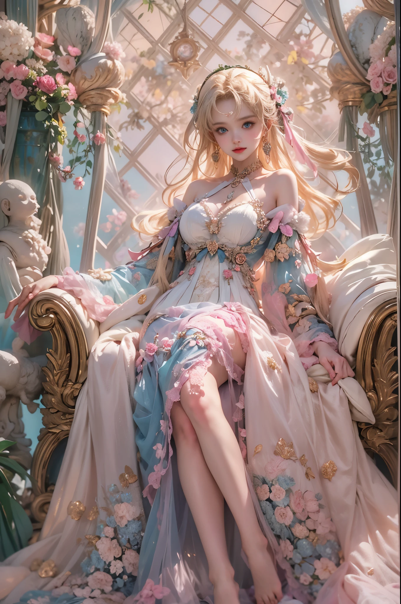 masterpiece,Highest image quality,Super detailest quality ,extremely delicate and beautiful, Very detailed,best quality, official art, Extremely detailed CG unified 8k wallpaper, portrait photo, The most beautiful look,Blonde hair, blue eyes,Radiant skin and radiant eyes, beautiful skin,(detailed lighting:1.2), (Beautiful and detailed light:1.3), deep understanding, beautiful nude color, complex, digital painting, Smooth, sharp focus, end of the world, epic reality,looking at camera, (high dynamic range:1.4),face camera, (pastel colors:1.4), beautiful big breasts,end of the world的, give up, neutral color, night, screen space refraction, (intricate details, Super detailed:1.3), art station, movie shot, vignette, complex background, buliding,charming smile,Blushed,Shy,detailed background,(Various colors of dream catcher earrings missing color,Color is black,White,pink,Purple,red,blue,orange color,green,blue,,),sexy and sultry,(exposed,camel toe,comb neatly,),The sexiest look,Crystal Pink Diamond Venetian Sunset Rose Transparent Open Dress,Ultra thin,translucent,lace,hollowed out,(Off-shoulder, large open chest, crystal pink diamond, transparent hollow, open style, slim dream, dark elf fascination suspender skirt:1.6), Pink background,