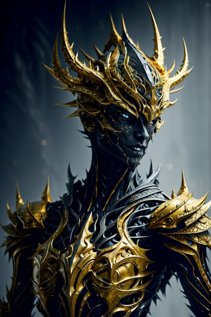 Final form of the villainous chemistry element "Gold" in a mesmerizing display of its malevolent power, brought to life with ray tracing technology. This hyper-detailed rendering showcases the intricate and awe-inspiring design, capturing every facet and contour of this diabolical creation. The golden hue radiates with an ominous glow, highlighting the malicious intent of this formidable antagonist. The sharp focus accentuates the intricate patterns and textures, as well as the intricate details of its surface, resembling twisted thorns and spikes. Soft lighting casts eerie shadows, adding depth and intensity to the scene. This head and shoulder portrait captures the essence of this terrifying entity, with a slightly tilted angle enhancing its menacing presence. Its eyes glow with a malevolent fire, while